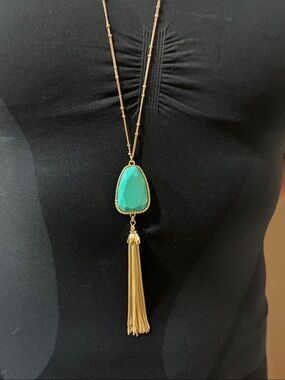 Vintage 1980s Gold Tone Tassel Necklace with Turquoise / Christal Pendant/rings